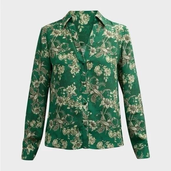 ALICE + OLIVIA ELOISE BUTTON-UP SILK BLOUSE CENTRAL PARK GREEN MULTI SIZE XS - Picture 2 of 9